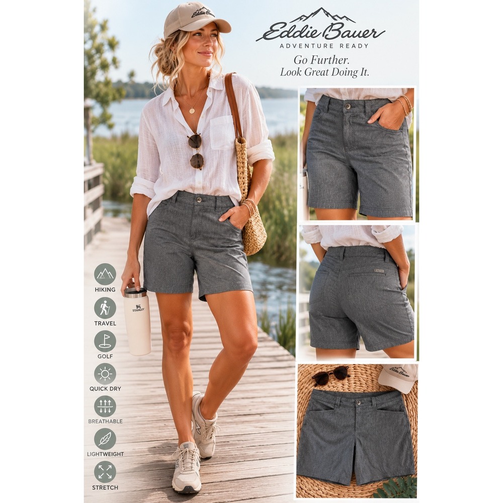 Eddie Bauer Women's 10 Gray Stretch Hiking Shorts 8in Inseam Active Outdoor Golf - Picture 2 of 11